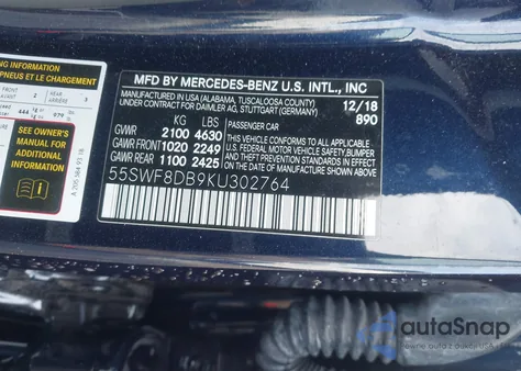 2019 Mercedes-Benz C 300 из США, поврежденный, VIN 55SWF8DB9KU302764